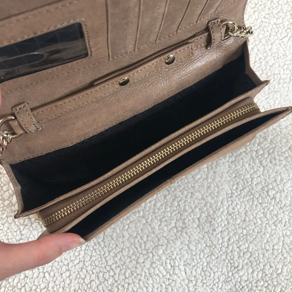 Botkier Soho quilted leather gold removable chain wallet mocha brown